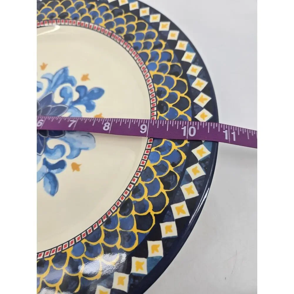 4 pc Set Williams Sonoma Sicily Thick Melamine 10.75” Dinner Plates Blue Yellow